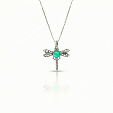 Dragonfly Pendant, this handmade pendant features a stunning glowing polished green crystal, elegantly surrounded by intricate silver details in the dragonfly's wings and body. The pendant comes with an 18" sterling silver .7mm box chain included.