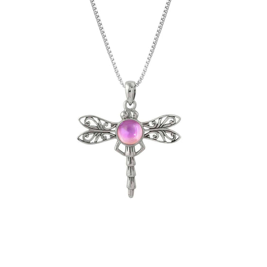 Dragonfly Pendant, this handmade pendant features a stunning glowing polished pink crystal, elegantly surrounded by intricate silver details in the dragonfly's wings and body. The pendant comes with an 18" sterling silver .7mm box chain included.