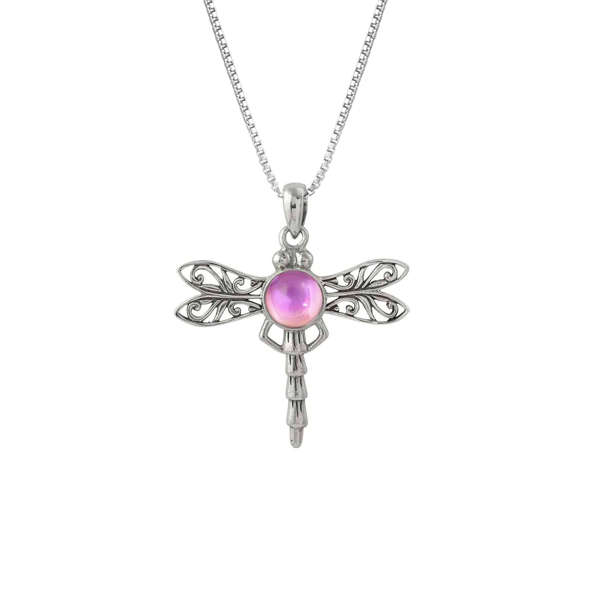 Dragonfly Pendant, this handmade pendant features a stunning glowing polished pink crystal, elegantly surrounded by intricate silver details in the dragonfly's wings and body. The pendant comes with an 18" sterling silver .7mm box chain included.