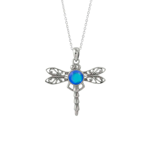 Dragonfly Pendant, this handmade pendant features a stunning glowing polished violet crystal, elegantly surrounded by intricate silver details in the dragonfly's wings and body. The pendant comes with an 18" sterling silver .7mm box chain included.