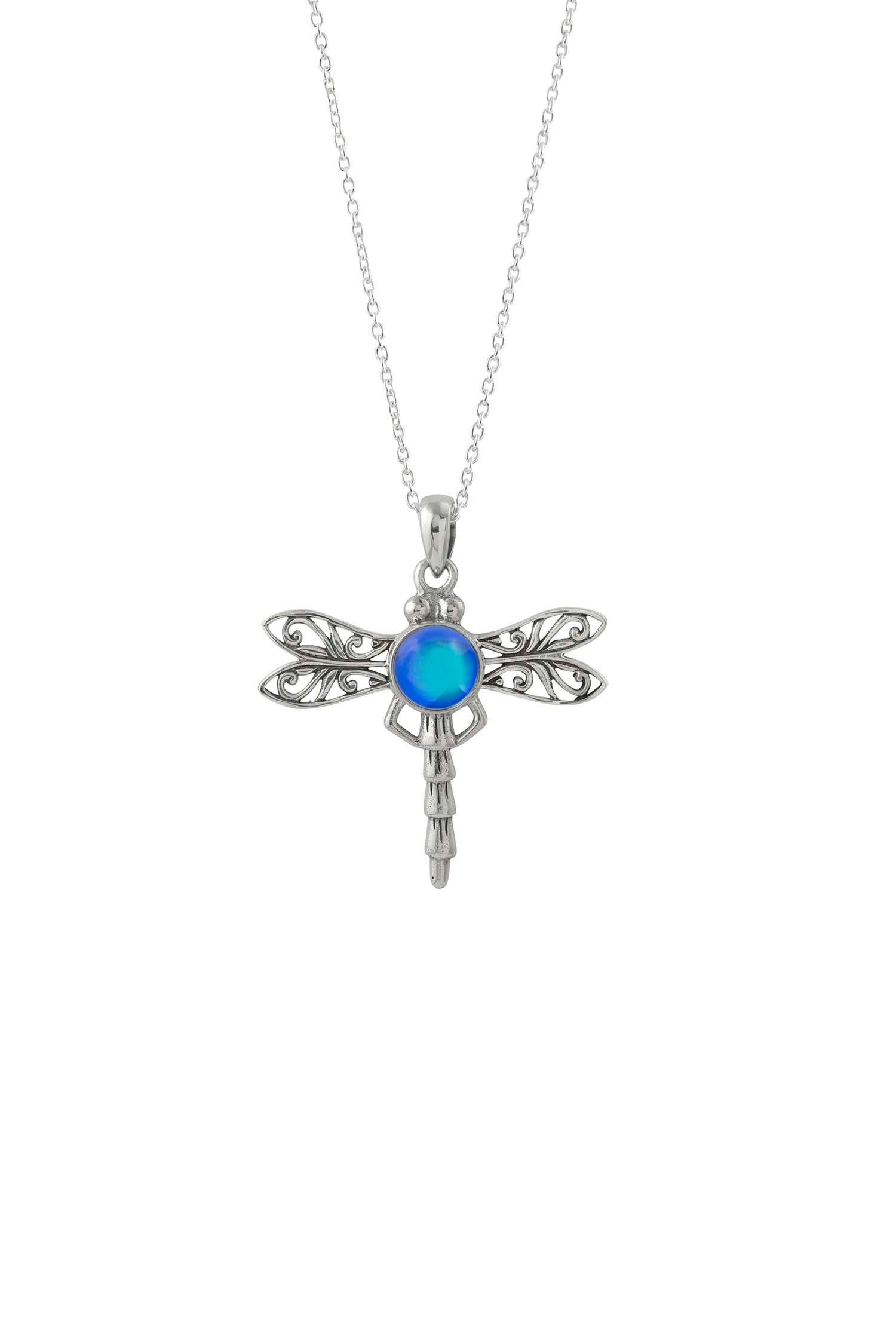 Dragonfly Pendant, this handmade pendant features a stunning glowing polished violet crystal, elegantly surrounded by intricate silver details in the dragonfly's wings and body. The pendant comes with an 18" sterling silver .7mm box chain included.