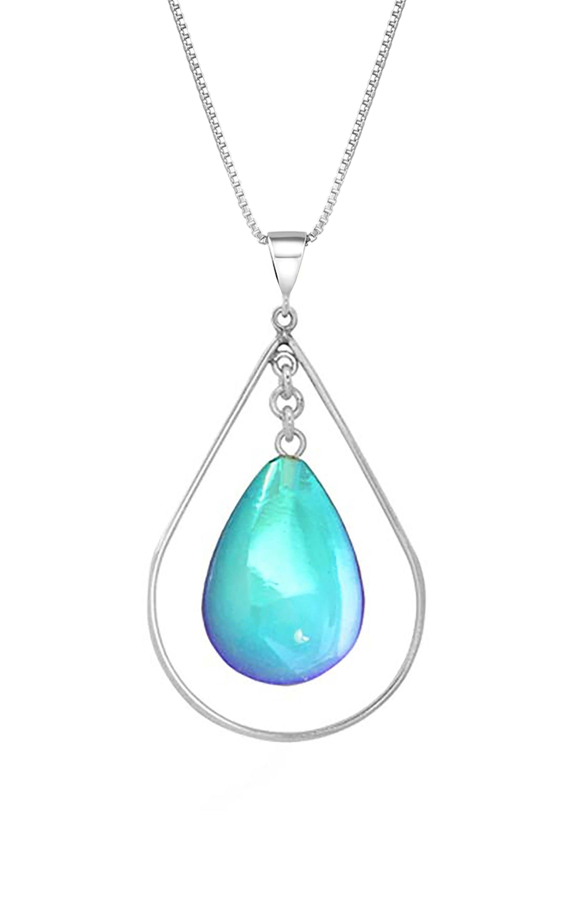 Drop with Loop Pendant is a classic design that elegantly radiates with polished aqua pendant. It comes with an 18" .7mm sterling silver box chain, ensuring a complete and polished look.