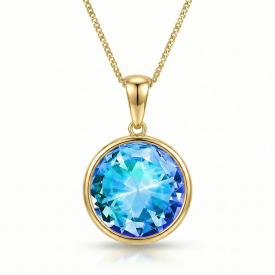 Eclipse Crystal Pendant is perfectly shaped as a 16mm circle blue stone, crafted with precision and care in 18k gold stainless, it features a 16"-18" adjustable chain.