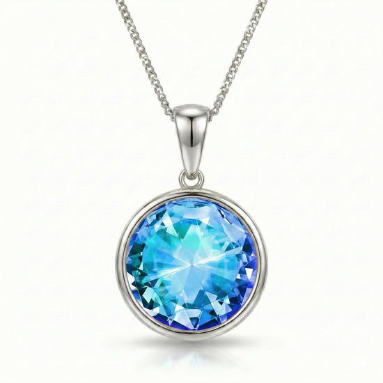 Eclipse Crystal Pendant is perfectly shaped as a 16mm circle blue stone, crafted with precision and care in stainless steel, it features a 16"-18" adjustable chain.