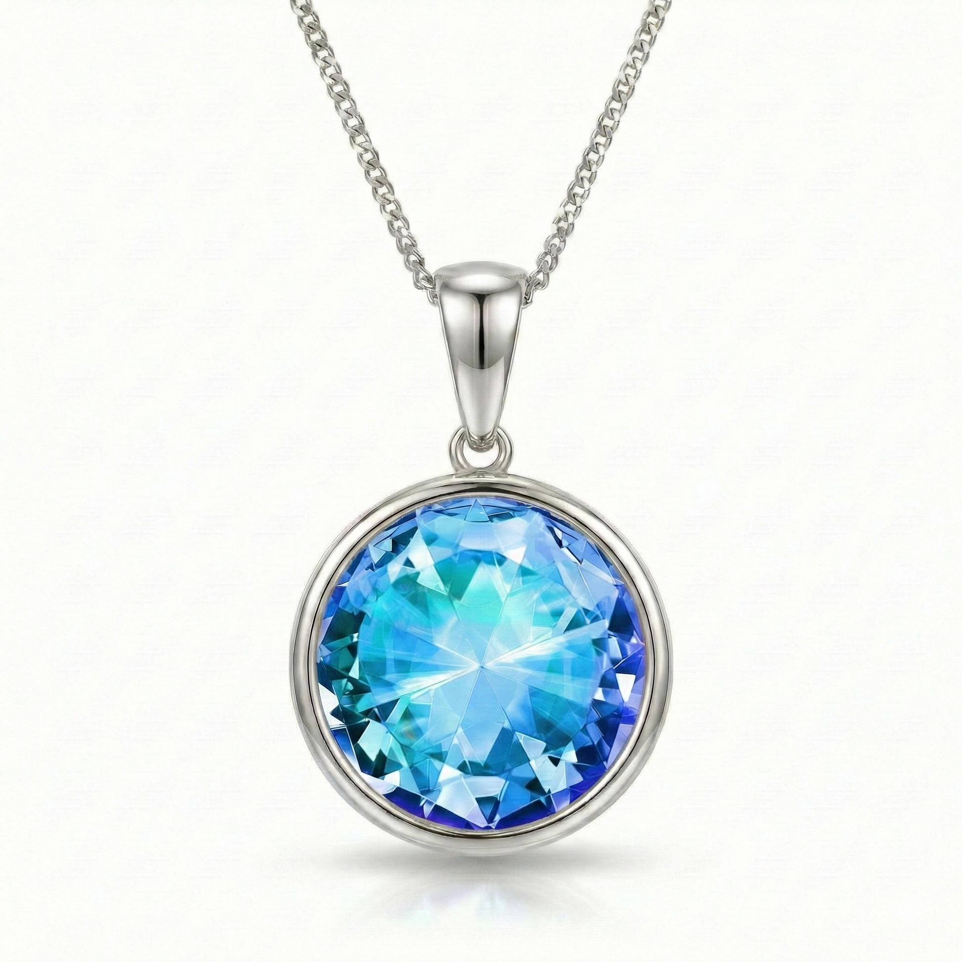 Eclipse Crystal Pendant is perfectly shaped as a 16mm circle blue stone, crafted with precision and care in stainless steel, it features a 16"-18" adjustable chain.