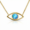 Gold necklace with a blue gemstone eye pendant.