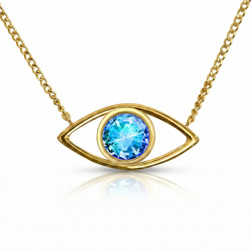 Gold necklace with a blue gemstone eye pendant.