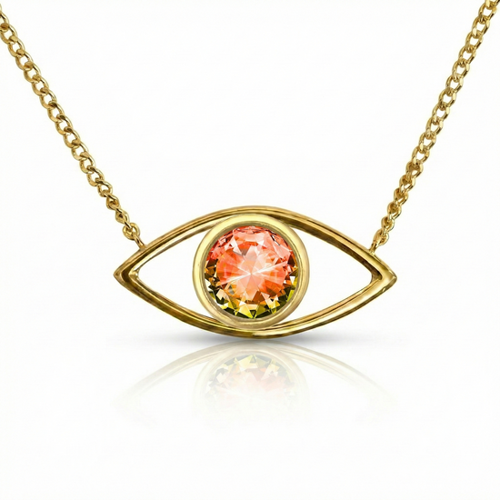Gold necklace with eye-shaped pendant featuring a colorful gemstone.