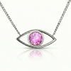 Silver necklace with a pink gemstone eye pendant.