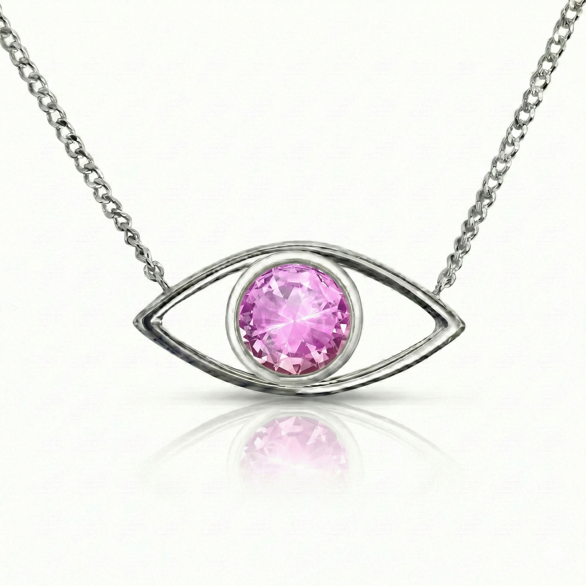 Silver necklace with a pink gemstone eye pendant.