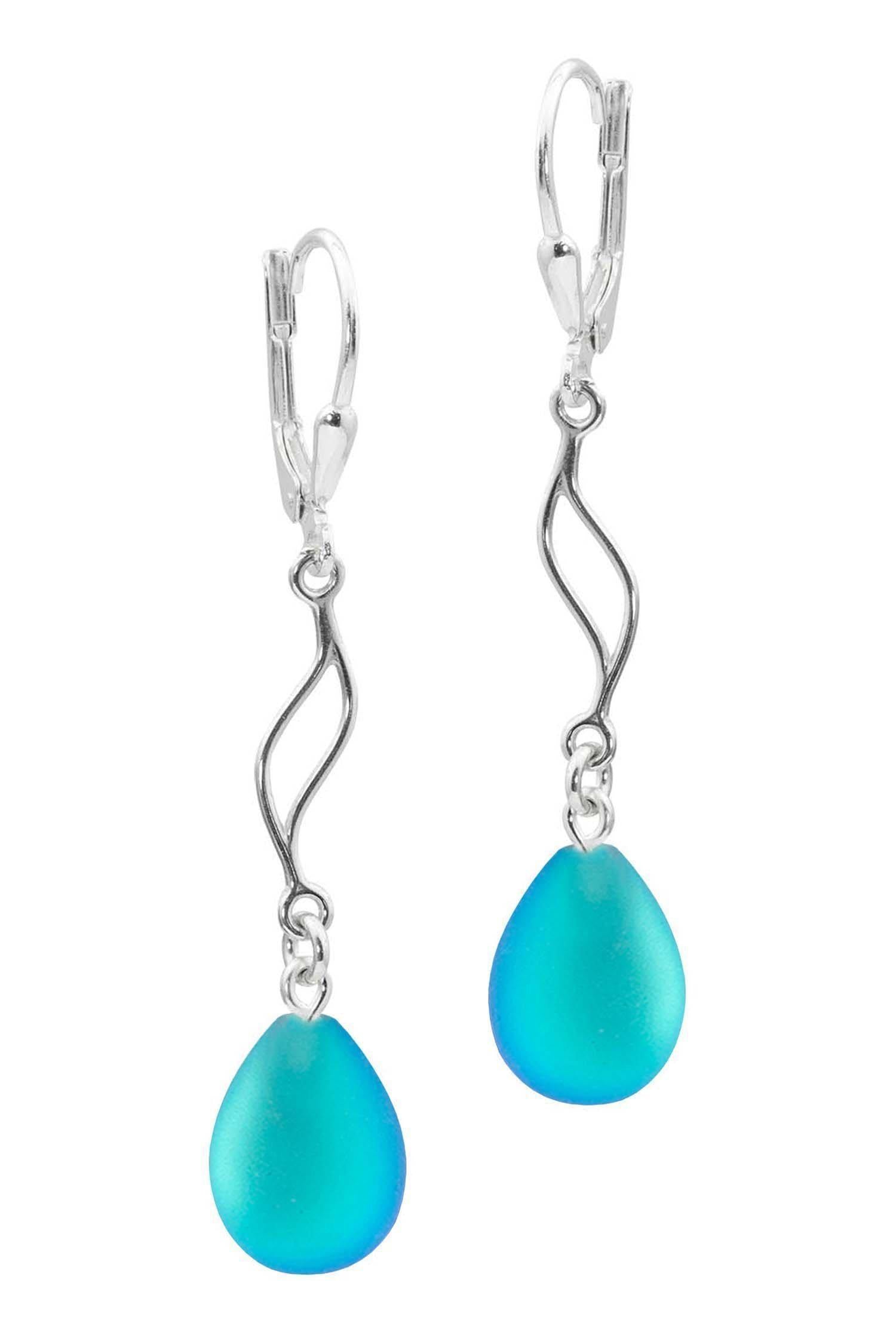 Feather Ext. Earrings with frosted aqua pendant, comes with .925 sterling silver lever-backs for secure and comfortable wear.