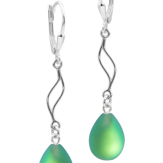 Feather Ext. Earrings with frosted green pendant, comes with .925 sterling silver lever-backs for secure and comfortable wear.