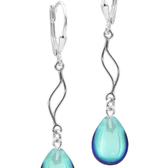 Feather Ext. Earrings with polished aqua pendant, comes with .925 sterling silver lever-backs for secure and comfortable wear.