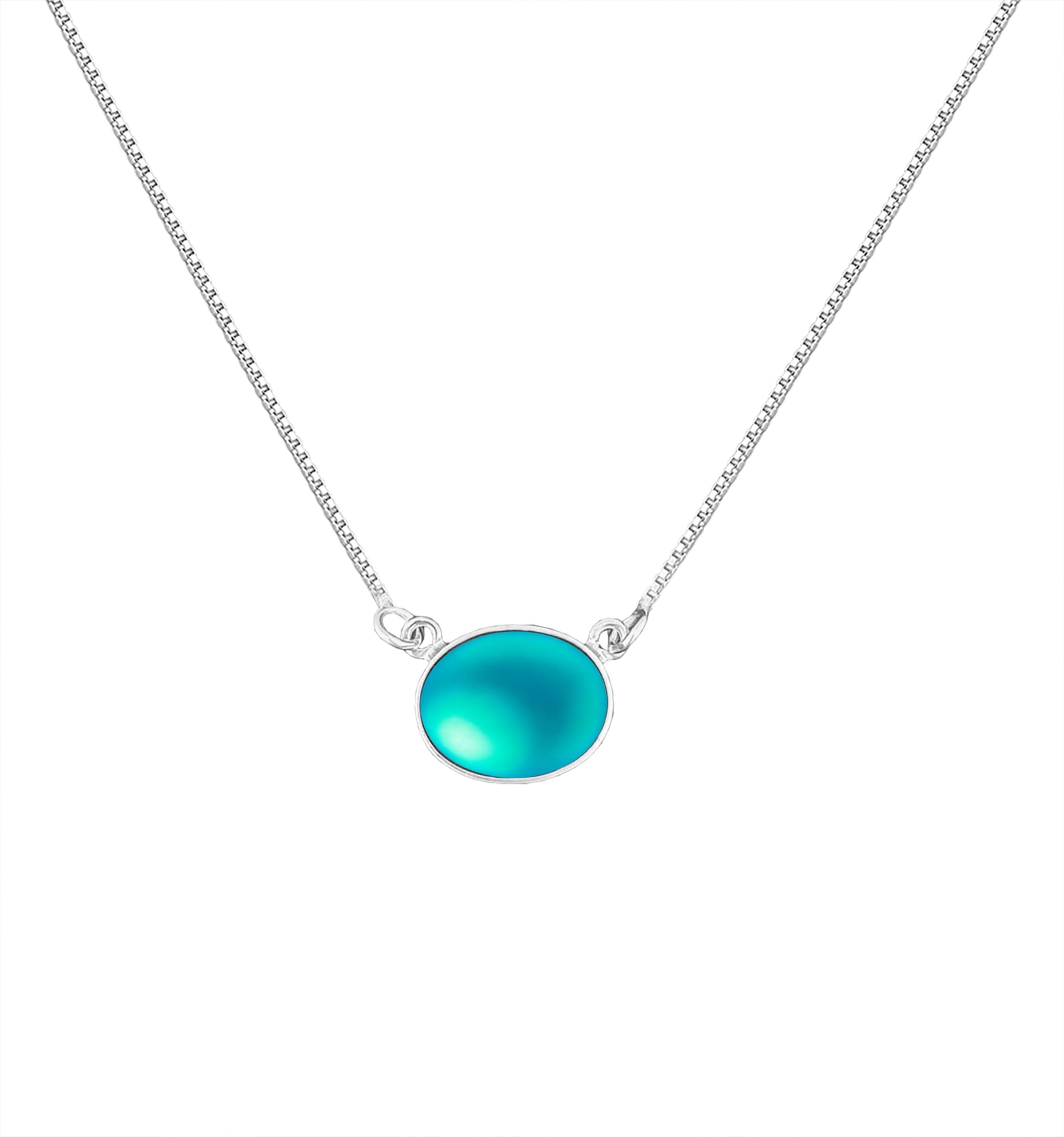 H-Oval Pendant featuring a frosted aqua stone sleek oval design, this elegant piece exudes sophistication and style. Crafted from high-quality sterling silver. It comes with a 16" sterling silver box chain in a choker design.