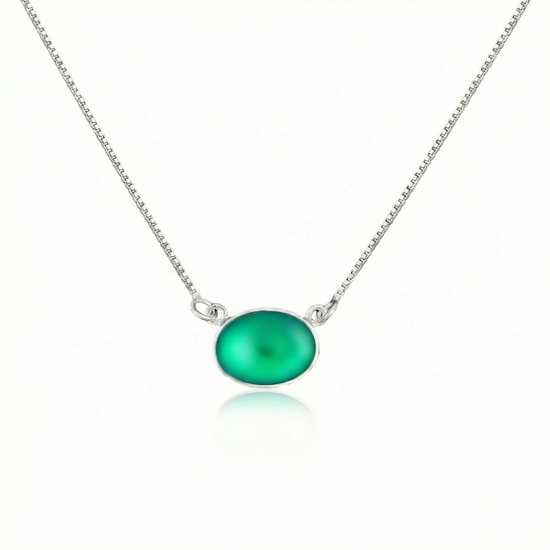 H-Oval Pendant featuring a frosted green sleek oval design, this elegant piece exudes sophistication and style. Crafted from high-quality sterling silver. It comes with a 16" sterling silver box chain in a choker design.