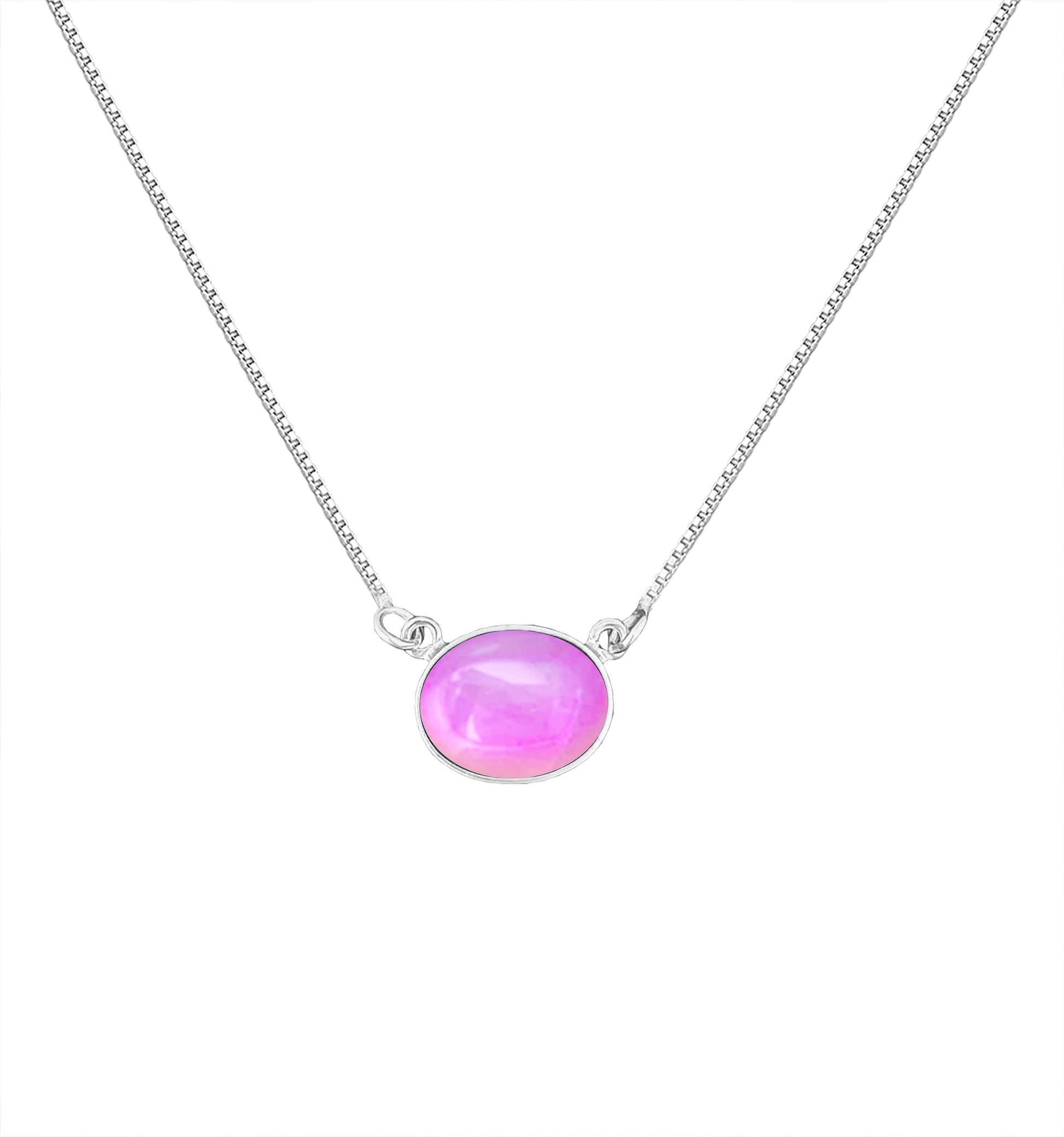 H-Oval Pendant featuring a polished pink stone sleek oval design, this elegant piece exudes sophistication and style. Crafted from high-quality sterling silver. It comes with a 16" sterling silver box chain in a choker design.