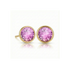 Gold earrings with  colorful pink gemstones on a white background
