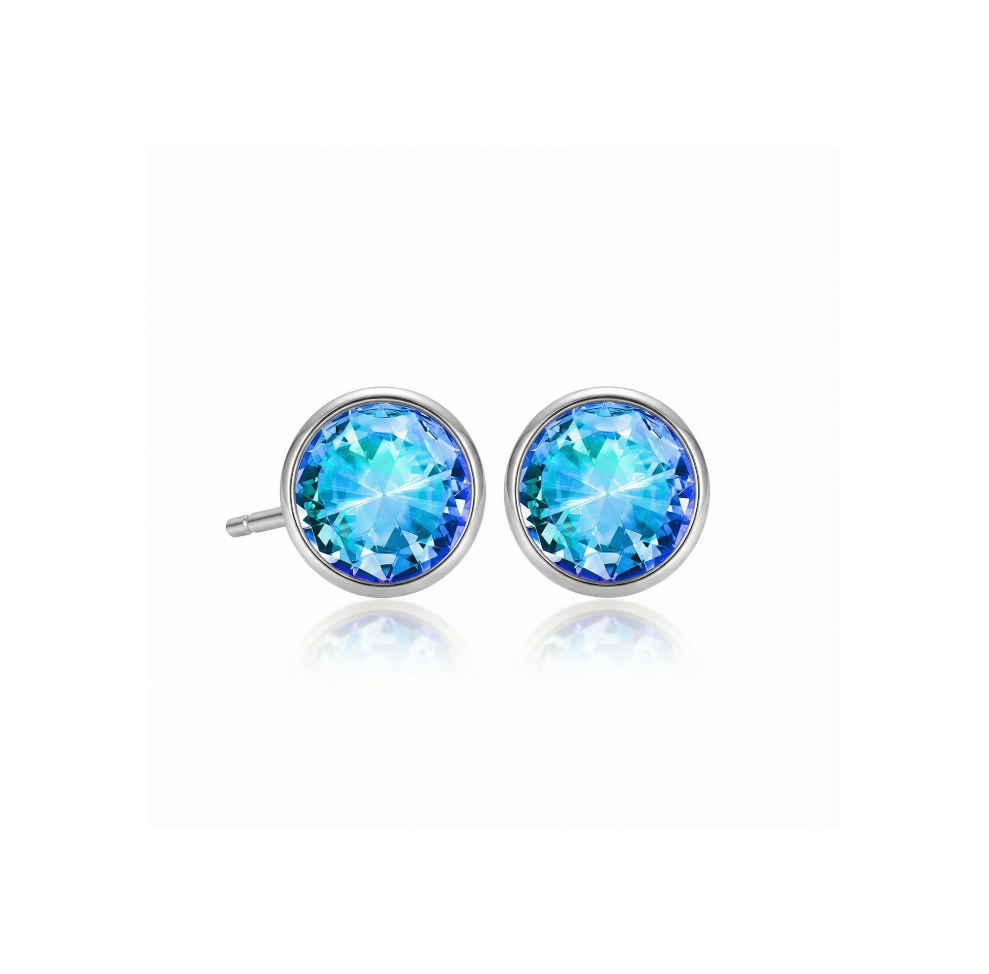 Pair of blue gemstone stud earrings on a white background