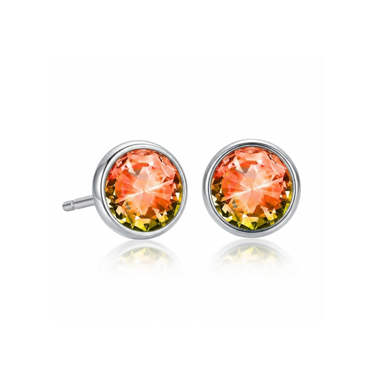 Pair of round stud earrings with multicolored gemstones on a white background