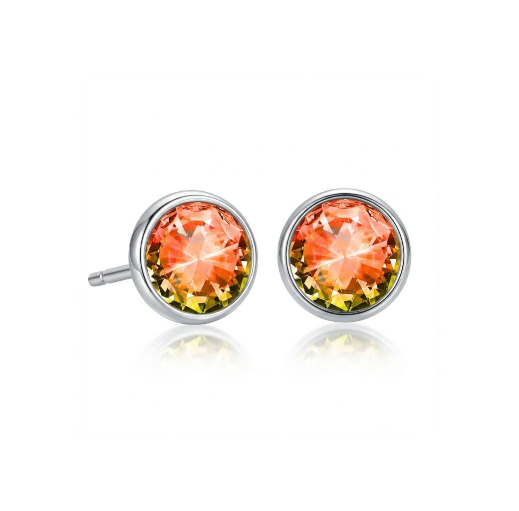Pair of round stud earrings with multicolored gemstones on a white background
