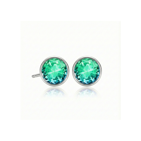 Pair of green gemstone stud earrings on a white background