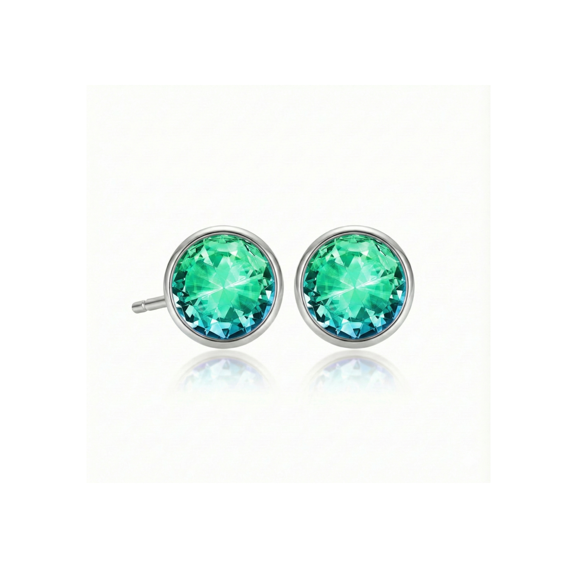Pair of green gemstone stud earrings on a white background