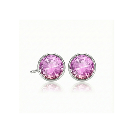 Pair of pink gemstone stud earrings on a white background