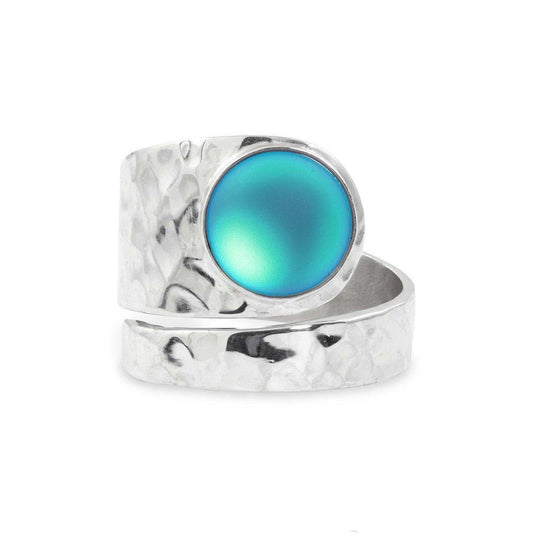 Hammered Single Circle Ring features a stunning crystal, frosted aqua stone, and is adjustable. 