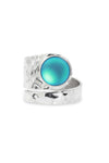 Hammered Single Circle Ring features a stunning crystal, frosted aqua stone, and is adjustable. 