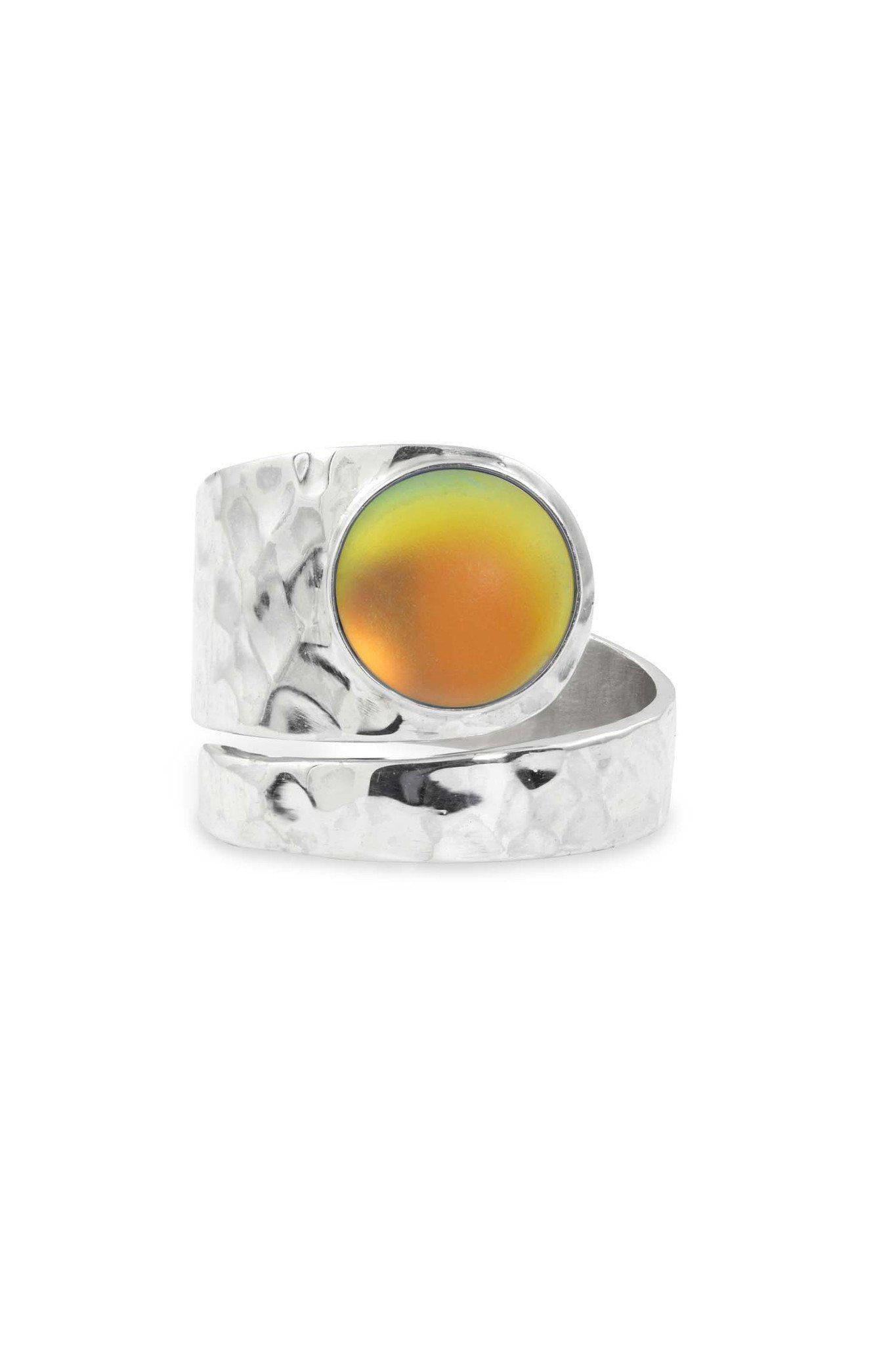 Hammered Single Circle Ring features a stunning crystal, frosted fire stone, and is adjustable. 