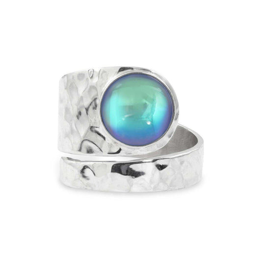 Hammered Single Circle Ring features a stunning crystal, polished aqua stone, and is adjustable. 