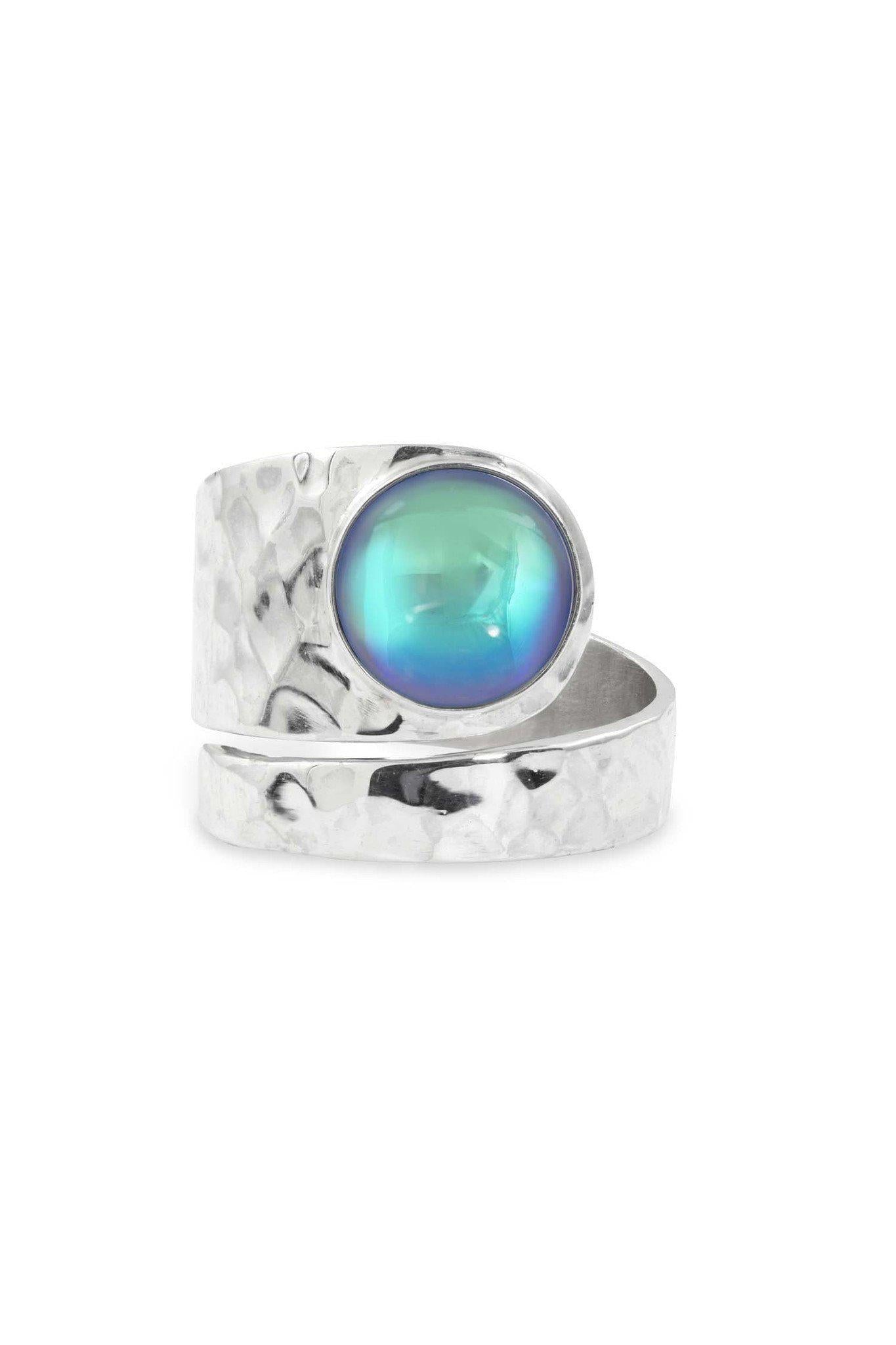 Hammered Single Circle Ring features a stunning crystal, polished aqua stone, and is adjustable. 