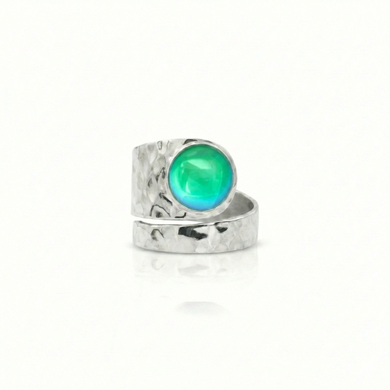 Hammered Single Circle Ring is made of .925 Sterling Silver, features a stunning polished green crystal stone, and is adjustable.