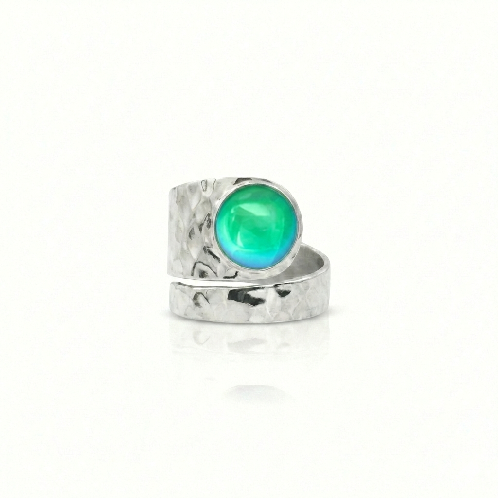 Hammered Single Circle Ring is made of .925 Sterling Silver, features a stunning polished green crystal stone, and is adjustable.