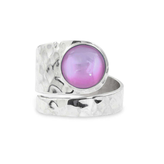 Hammered Single Circle Ring features a stunning crystal, polished pink stone, and is adjustable. 