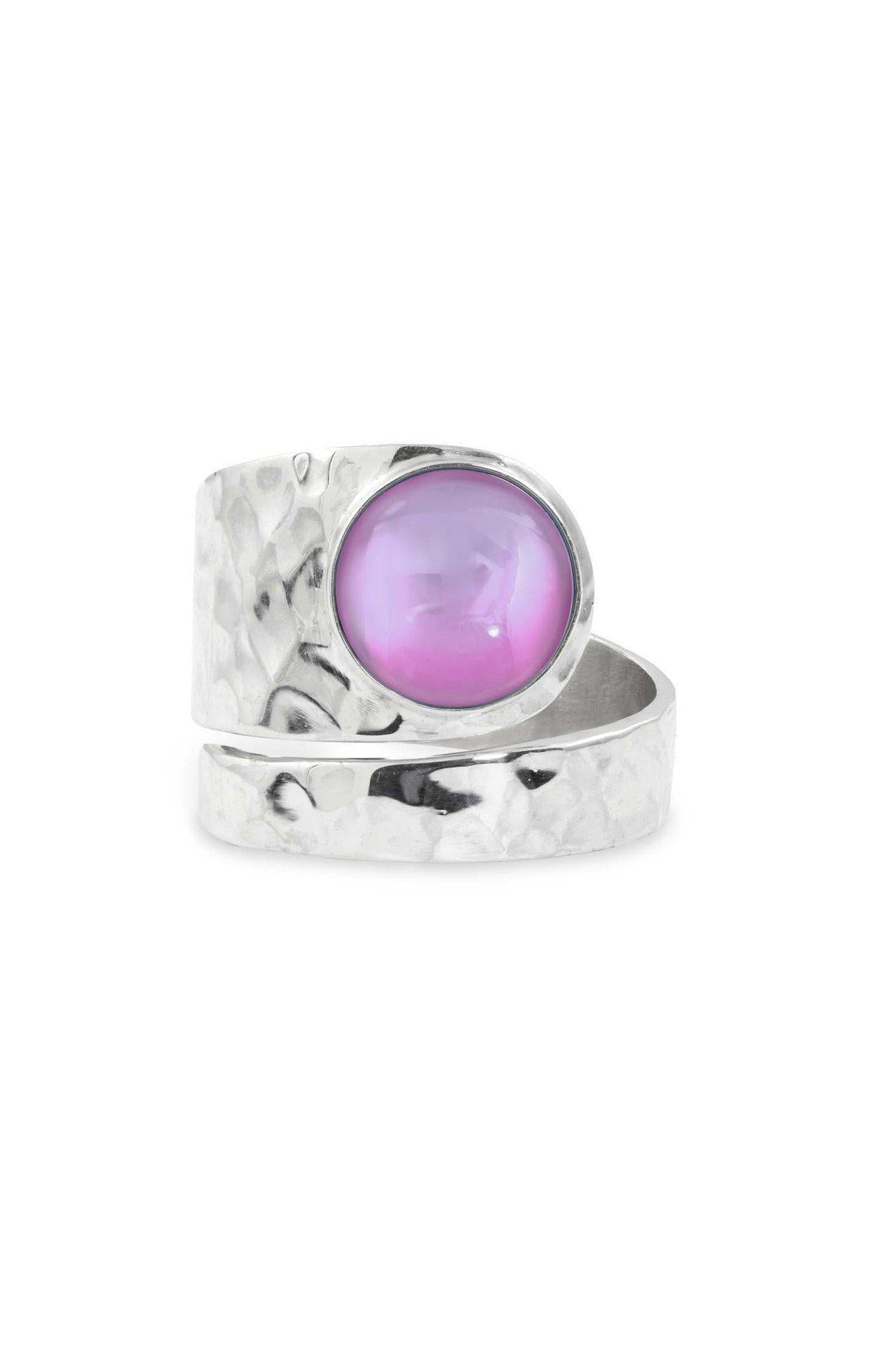 Hammered Single Circle Ring features a stunning crystal, polished pink stone, and is adjustable. 