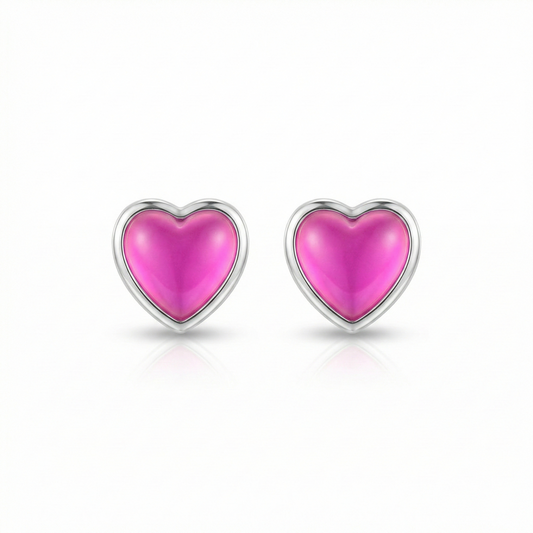 Heart Stud Earrings featuring a stunning 7mm frosted pink stone set in .925 sterling silver posts.