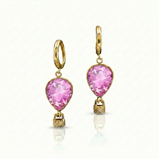 Gold earrings with pink gemstones featuring delicate hot air balloon charms