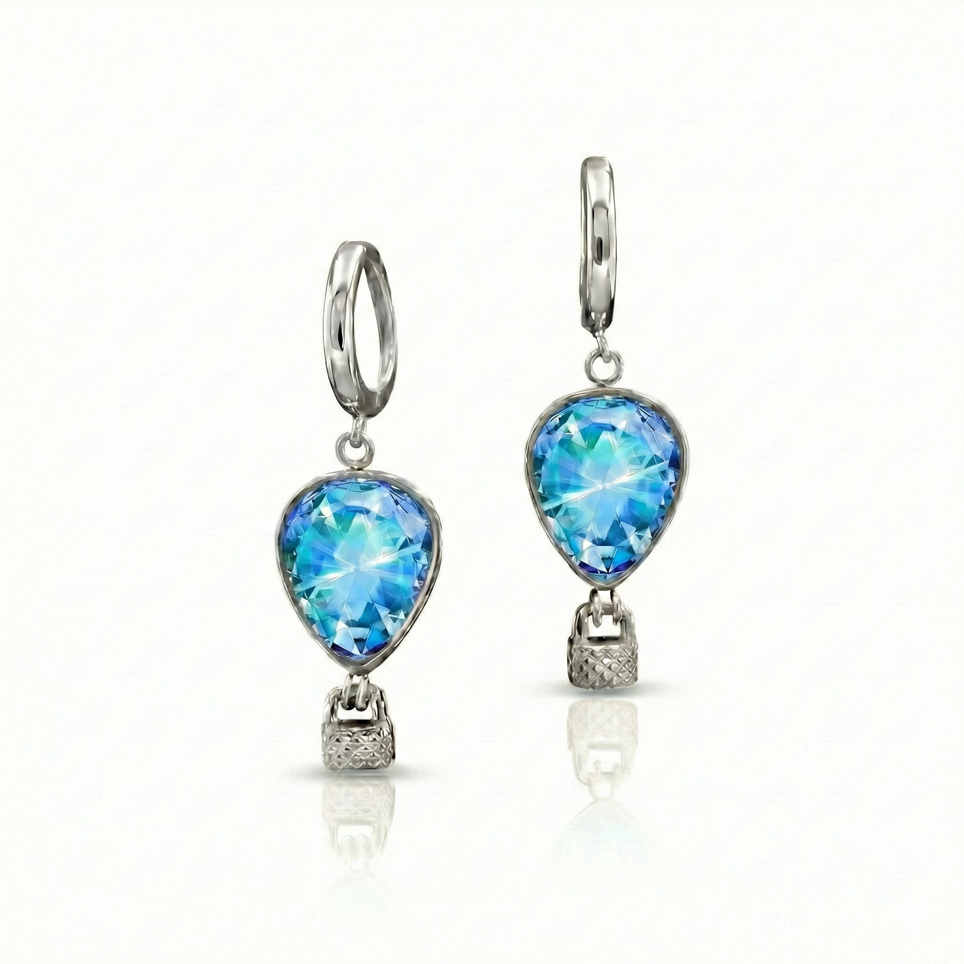 Pair of earrings with blue teardrop-shaped gemstones featuring delicate hot air balloon charms