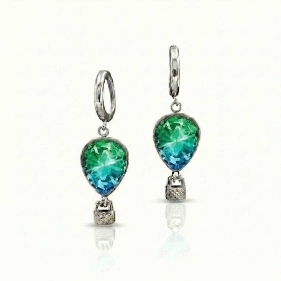 Pair of earrings with green and blue gemstones featuring delicate hot air balloon charms