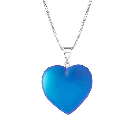 Large Heart Pendant with .925 sterling silver components. It comes with Sterling silver .7mm box chain, 18" included with the frsoted blue pendant.