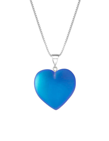 Large Heart Pendant with .925 sterling silver components. It comes with Sterling silver .7mm box chain, 18" included with the frsoted blue pendant.