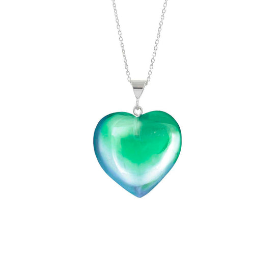 Large Heart Pendant with .925 sterling silver components. It comes with Sterling silver .7mm box chain, 18" included with the polished green pendant.