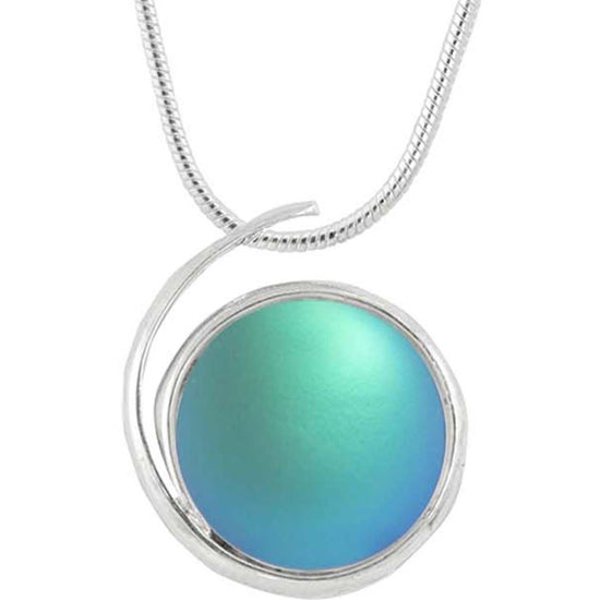 Large Wave Pendant, the frosted aqua crystal center represents the "O" of Ocean Beach, while the surrounding silver symbolizes the "B." Crafted with .925 sterling silver components, the pendant comes with a 1mm sterling silver snake chain, 18" long