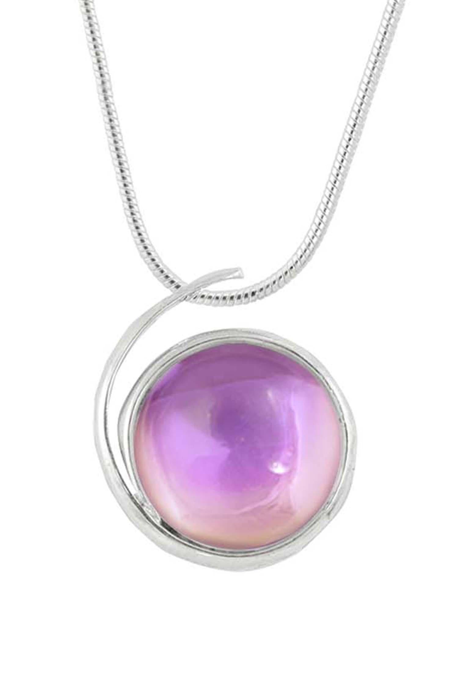 Large Wave Pendant, where it represents the "O" of Ocean Beach, while the surrounding silver symbolizes the "B." Crafted with .925 sterling silver components, the pendant comes with a 1mm sterling silver snake chain, 18" long with a polished pink stone.