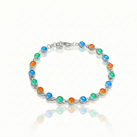 Luminous Crystal Circle Bracelet is made from high-quality sterling silver, ensuring durability and lasting shine with polished blue, green, and fire stones.