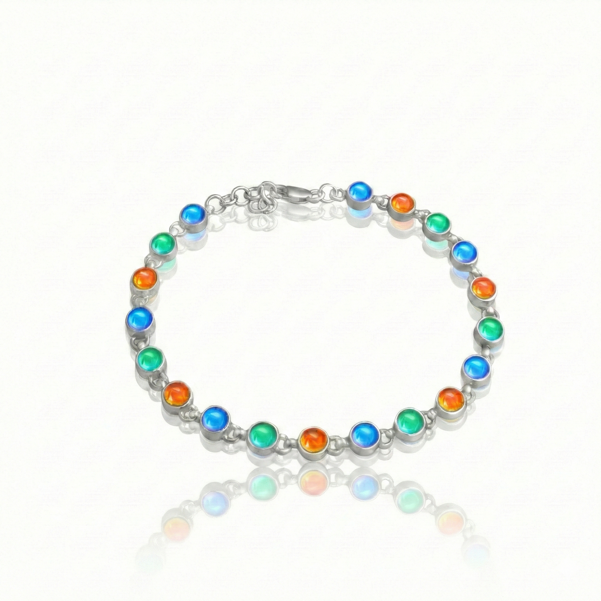 Luminous Crystal Circle Bracelet is made from high-quality sterling silver, ensuring durability and lasting shine with polished blue, green, and fire stones.