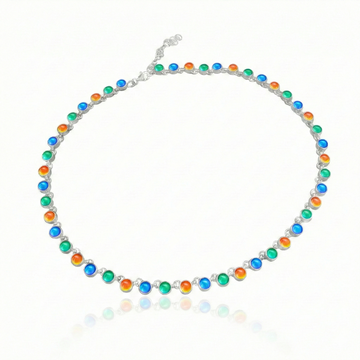 Luminous Crystal Circle Necklace, this beautiful piece is made from high-quality sterling silver and polished blue, green and fire crystals,  ensuring durability and lasting shine. Featuring a 16" choker with adjustable length, it offers a customizable fit for endless styling options.