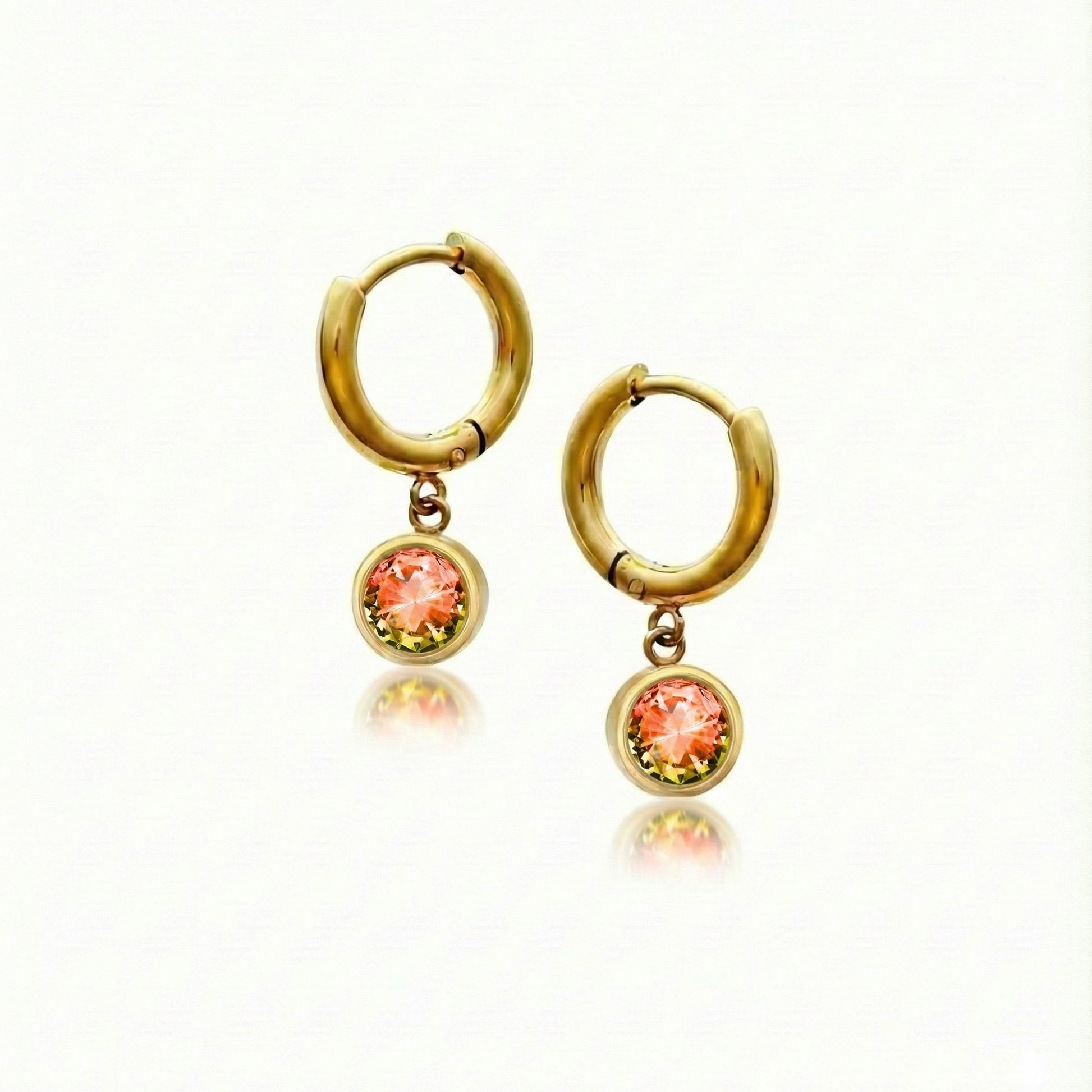 Lunar Hoop Earrings, these earrings feature dainty 5mm fire stone circles with 18k gold stainless steel.