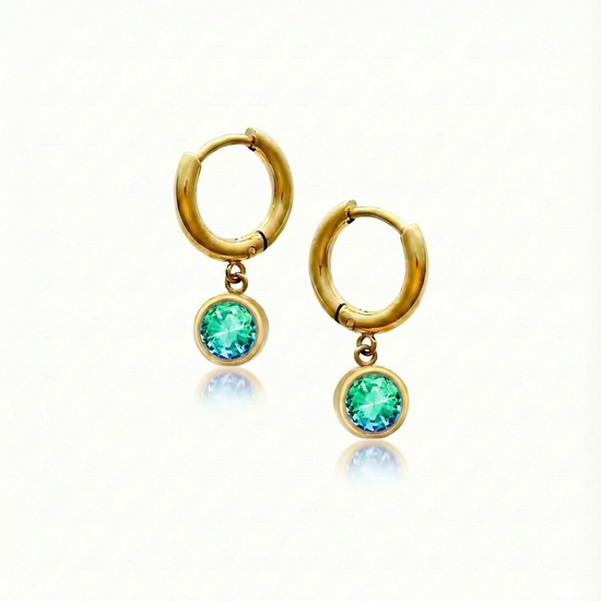 Lunar Hoop Earrings, these earrings feature dainty 5mm green stone circles with 18k gold stainless steel.